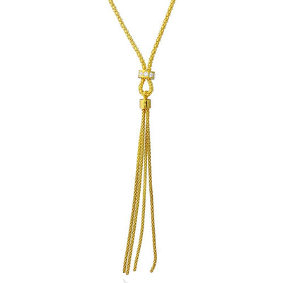 Sterling Silver Gold Plated Tassel Drop Necklace with Connected CZ Ring Knot