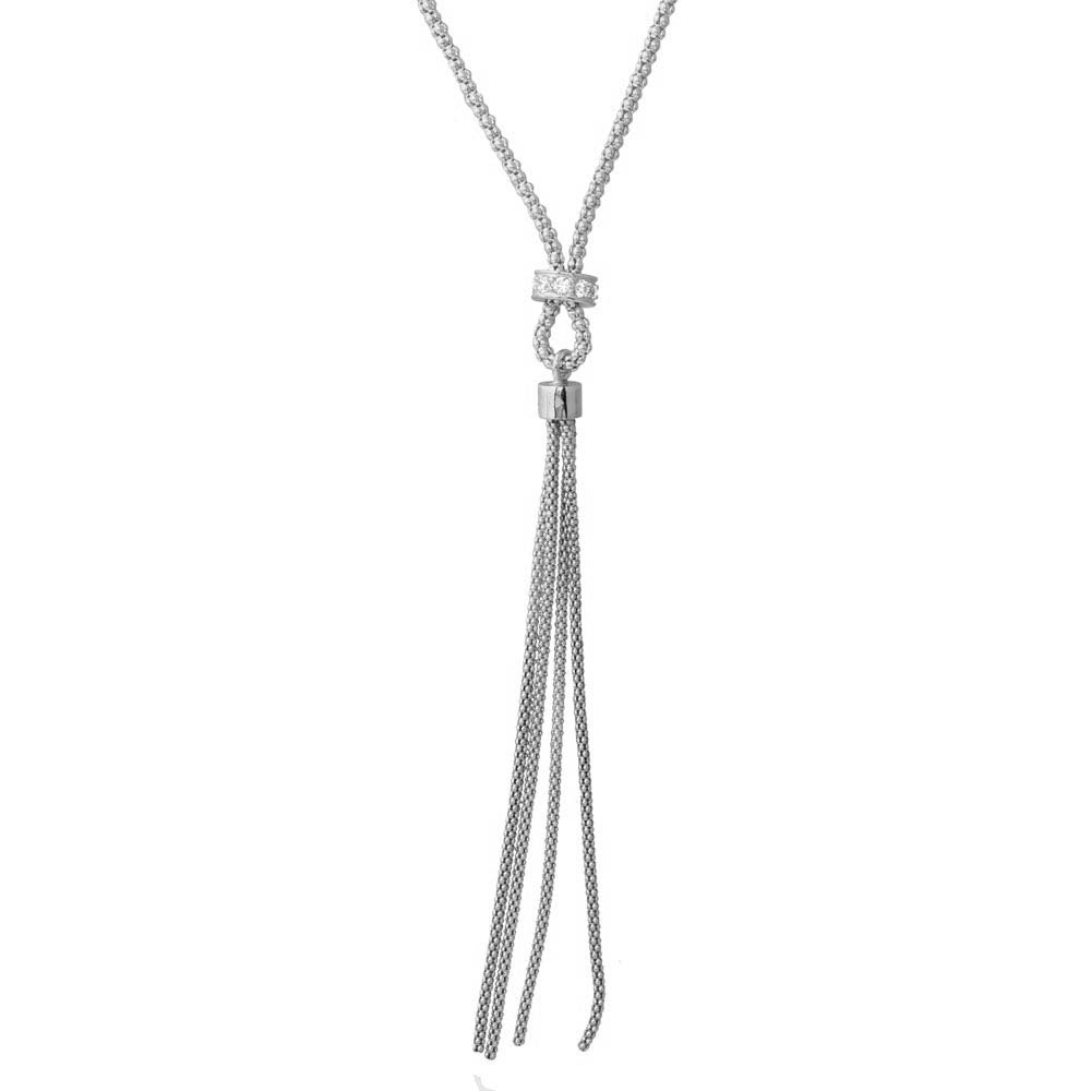 Sterling Silver Rhodium Plated Tassel Drop Necklace with Connected CZ Ring Knot