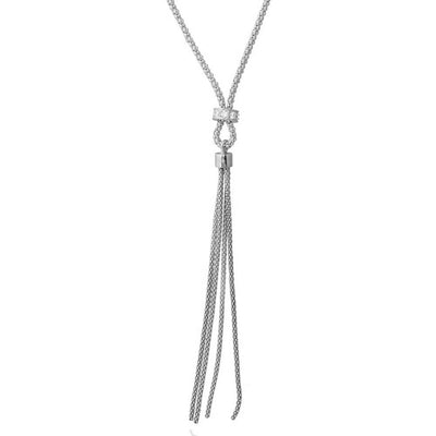 Sterling Silver Rhodium Plated Tassel Drop Necklace with Connected CZ Ring Knot
