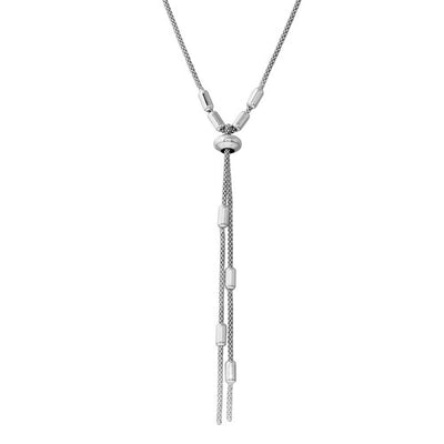 Sterling Silver Rhodium Plated Round Bar Tassel Necklace with Adjustable Ring