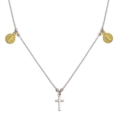 Sterling Silver 2 Toned Rhodium Gold Plated Cross With Religious Charms Necklace