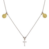Sterling Silver 2 Toned Rhodium Gold Plated Cross With Religious Charms Necklace