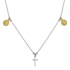 Sterling Silver 2 Toned Rhodium Gold Plated Cross With Religious Charms Necklace