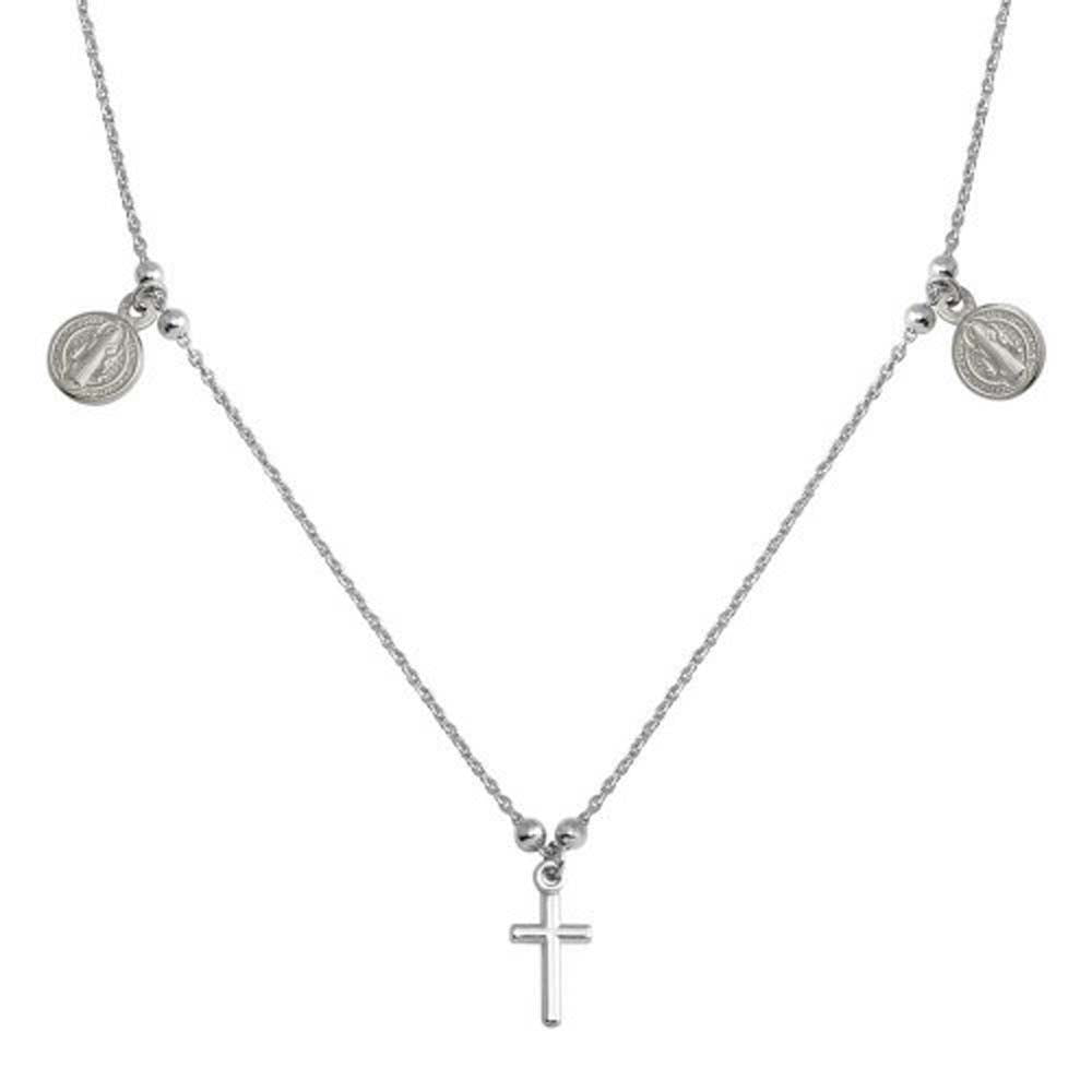 Sterling Silver Rhodium Cross With Religious Charms Necklace