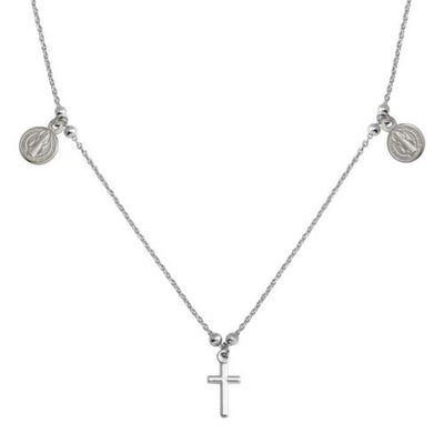 Sterling Silver Rhodium Cross With Religious Charms Necklace
