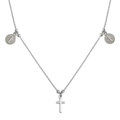 Sterling Silver Rhodium Cross With Religious Charms Necklace