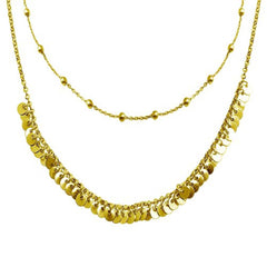 Sterling Silver Gold Beaded Disc Charms Double Chain Choker Necklace