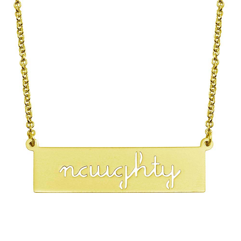 Sterling Silver Black Gold Plated Naughty Engraved Bar Pendant Necklace