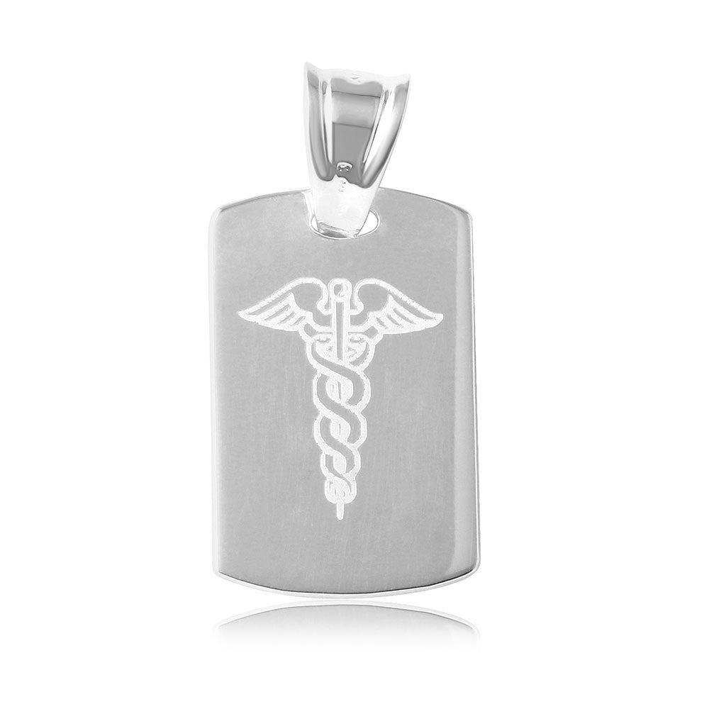 Sterling Silver High Polished Dogtag Engravable Charm With Medical Sign Pendant