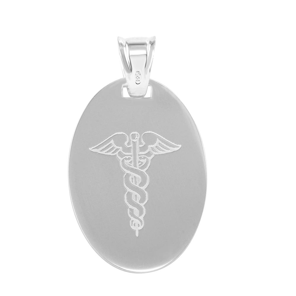 Sterling Silver High Polished Oval Engravable Charm With Medical Sign Pendant
