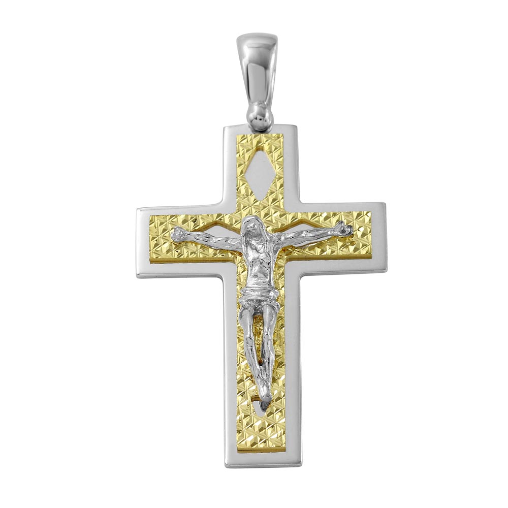 Sterling Silver Two Tone D/C Gold Plated Crucifix Pendant with Rhombus Design