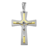 Sterling Silver Rhodium and Matted Gold Plated Crucifix Pendant