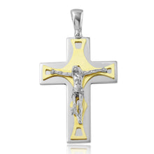 Load image into Gallery viewer, Sterling Silver Rhodium and Matte Gold Plated Crucifix Pendant with Trapezoid Design Pendant