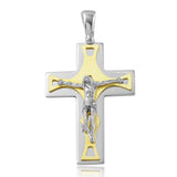 Sterling Silver Rhodium and Matte Gold Plated Crucifix Pendant with Trapezoid Design Pendant