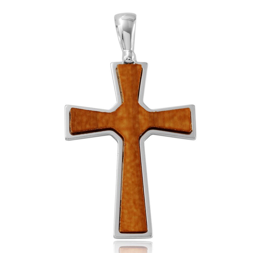 Sterling Silver Rhodium Plated Big Wooden Cross Pendant