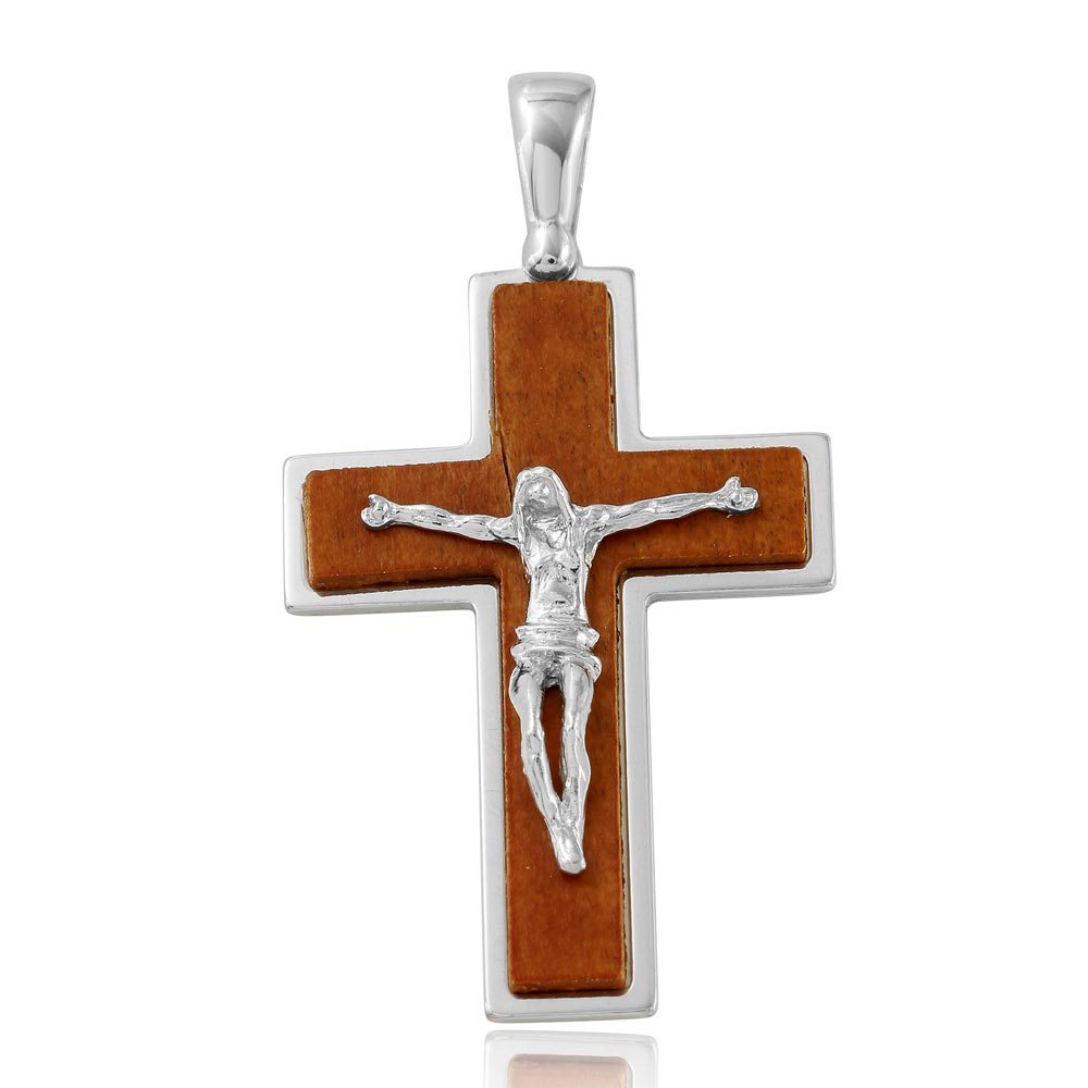 Sterling Silver Rhodium Plated Wooden Crucifix Pendant