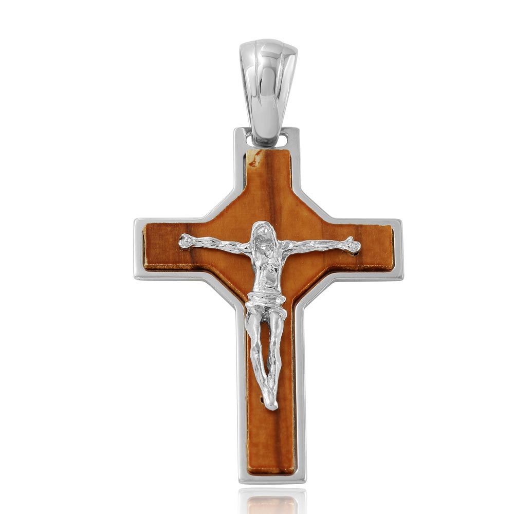 Sterling Silver Rhodium Plated Big Wooden Crucifix Pendant