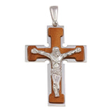 Sterling Silver Rhodum Plated and Wood Crucifix Pendant