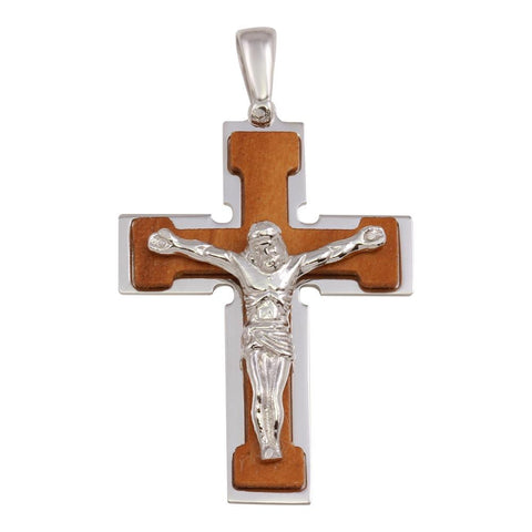 Sterling Silver Rhodum Plated and Wood Crucifix Pendant