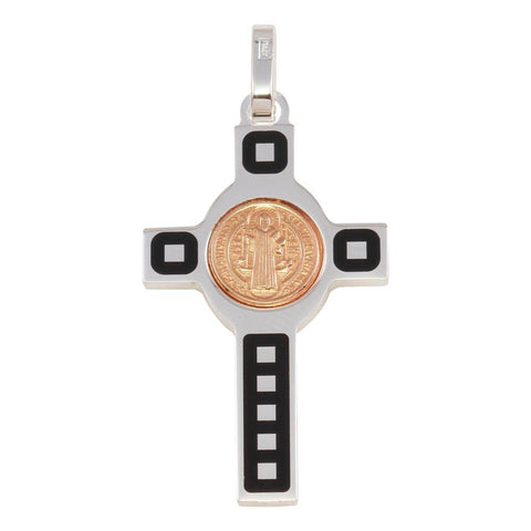 Sterling Silver Rhodium Plated Cross Pendant with Rose Gold Medallion Pendant