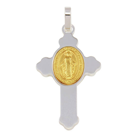 Sterling Silver Rhodium Plated Cross Pendant with Gold Plated Medallion Pendant