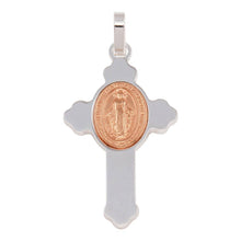 Load image into Gallery viewer, Sterling Silver Rhodium Plated Cross Pendant with Rose Gold Plated Medallion Pendant