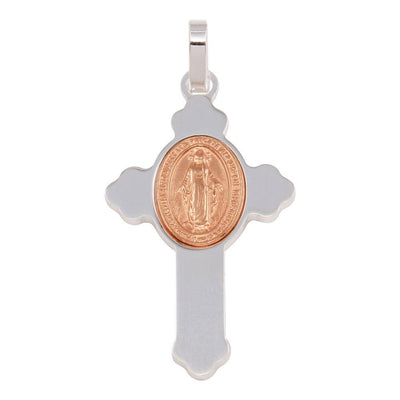 Sterling Silver Rhodium Plated Cross Pendant with Rose Gold Plated Medallion Pendant