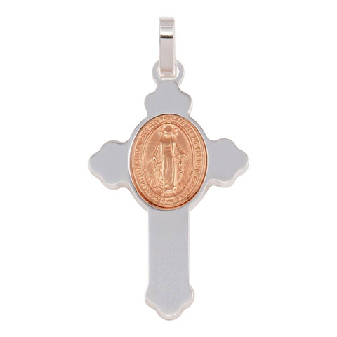 Sterling Silver Rhodium Plated Cross Pendant with Rose Gold Plated Medallion Pendant