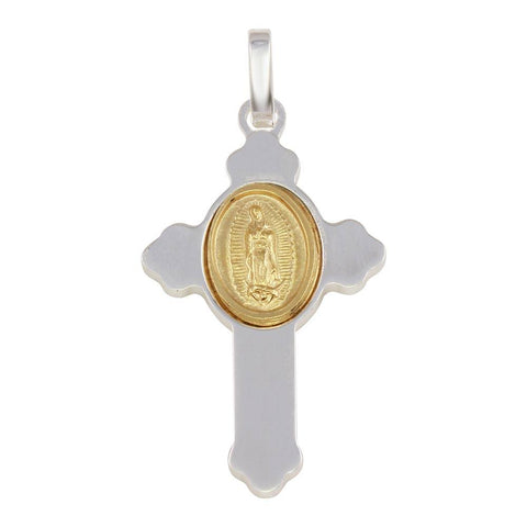 Sterling Silver Rhodium Plated Cross Pendant with Gold Plated Medallion Pendant