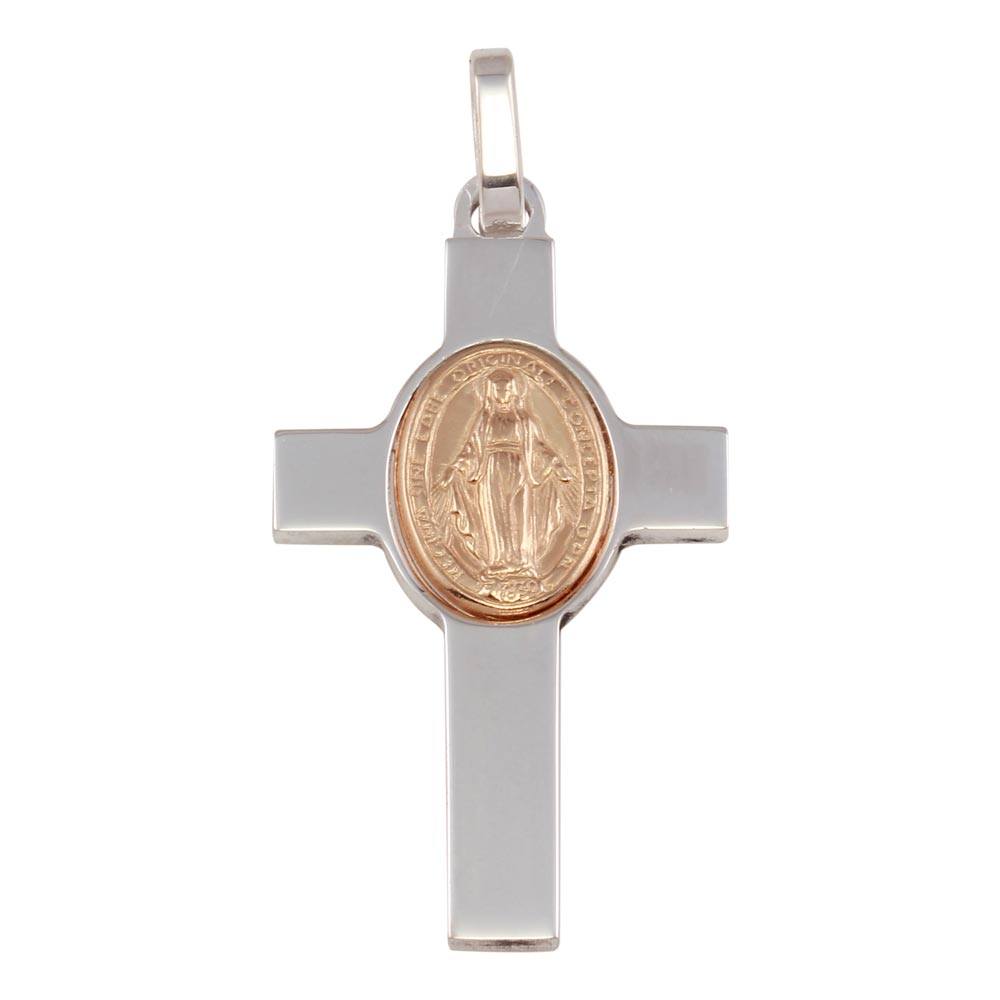 Sterling SilverRhodium Plated Cross Pendant with Rose Gold Plated Medallion Pendant