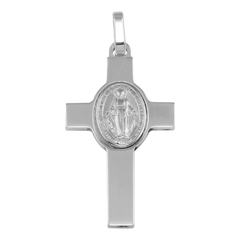 Sterling Silver Rhodium Plated Cross Pendant with Medallion Pendant