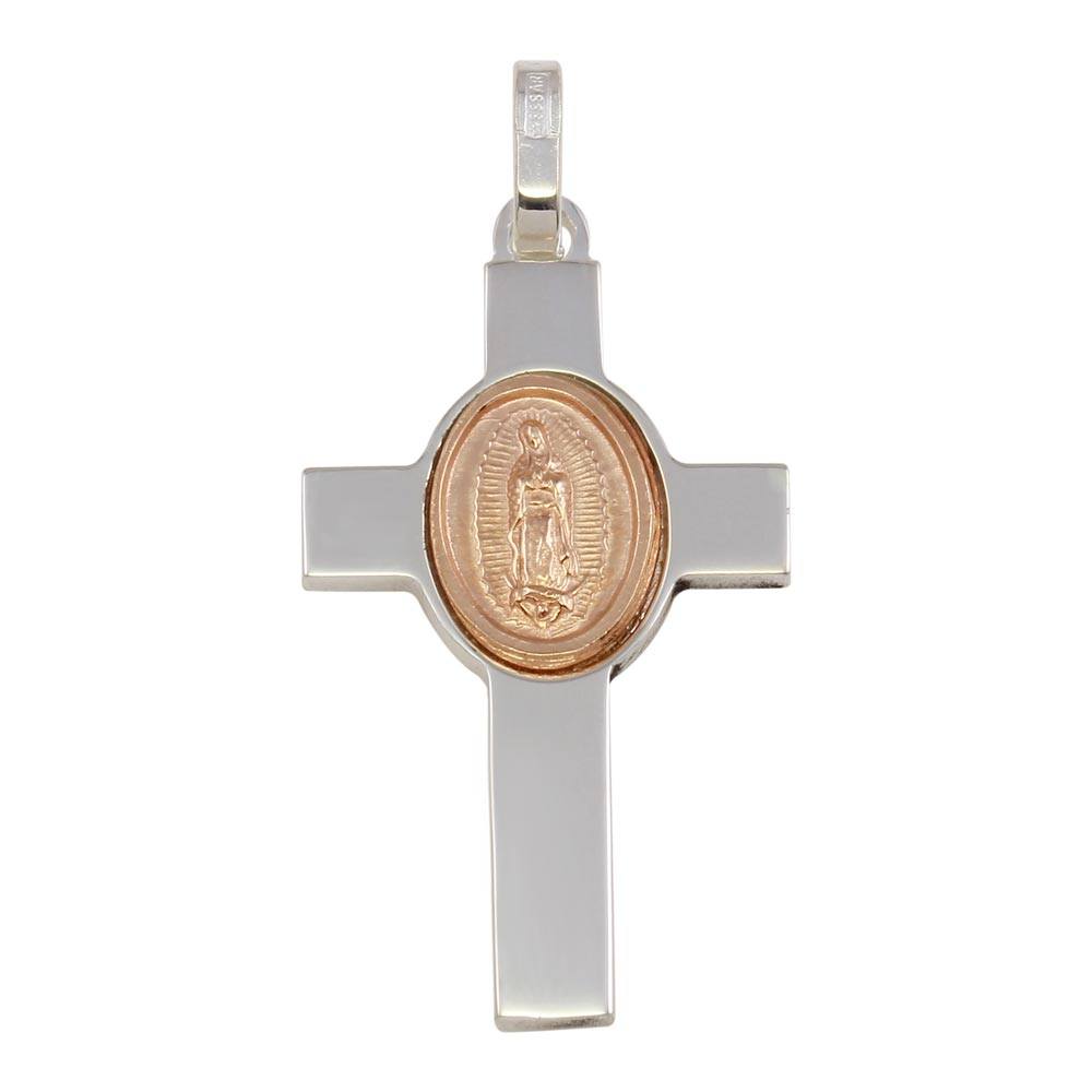 Sterling Silver Rhodium Plated Cross Pendant with Rose Gold Plated Medallion Pendant