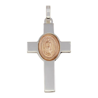 Sterling Silver Rhodium Plated Cross Pendant with Rose Gold Plated Medallion Pendant