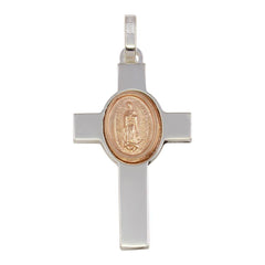 Sterling Silver Rhodium Plated Cross Pendant with Rose Gold Plated Medallion Pendant