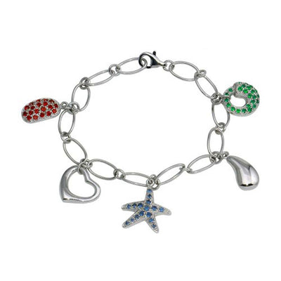 Sterling Silver Rhodium Plated Sealife Charm Bracelet