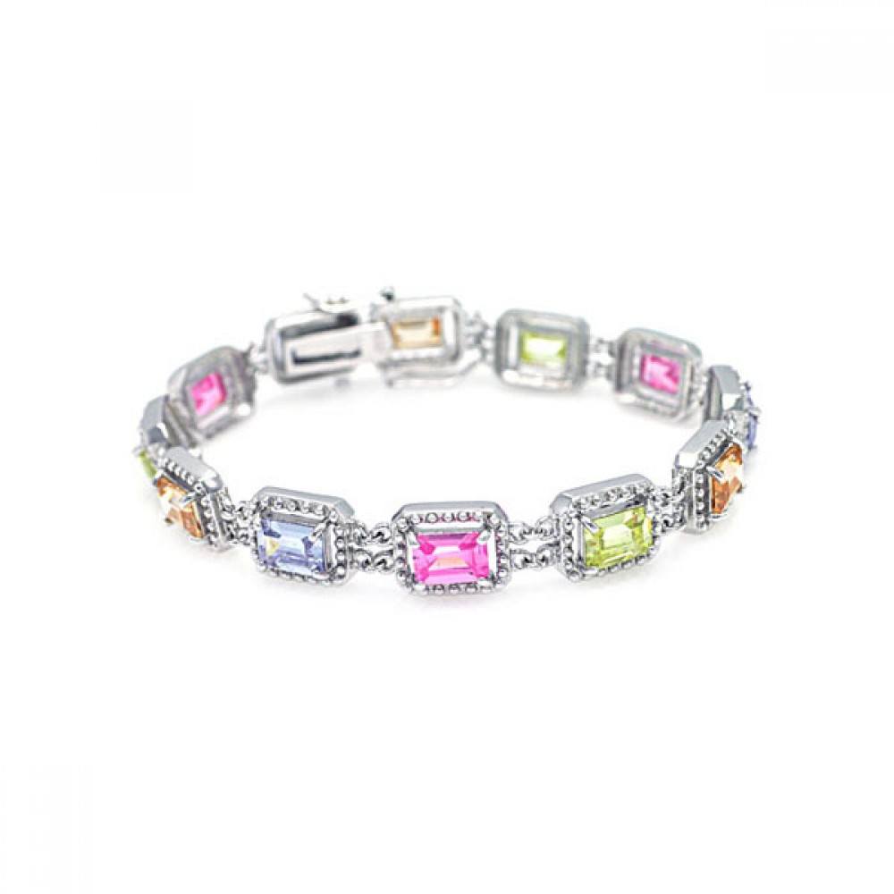 Sterling Silver Rhodium Plated Multiple Multicolor Square CZ Bracelet