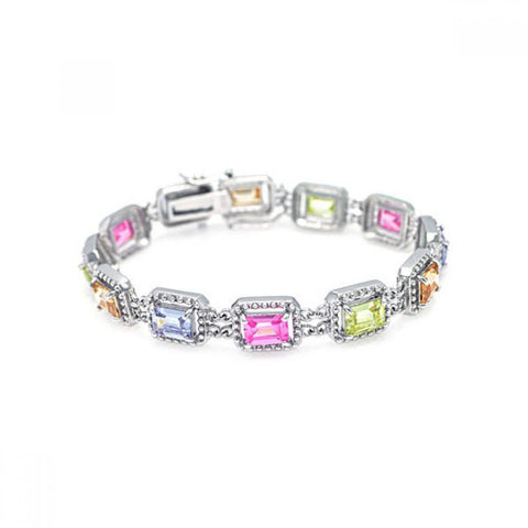 Sterling Silver Rhodium Plated Multiple Multicolor Square CZ Bracelet