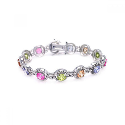 Sterling Silver Rhodium Plated Multiple Multicolor Round CZ Bracelet