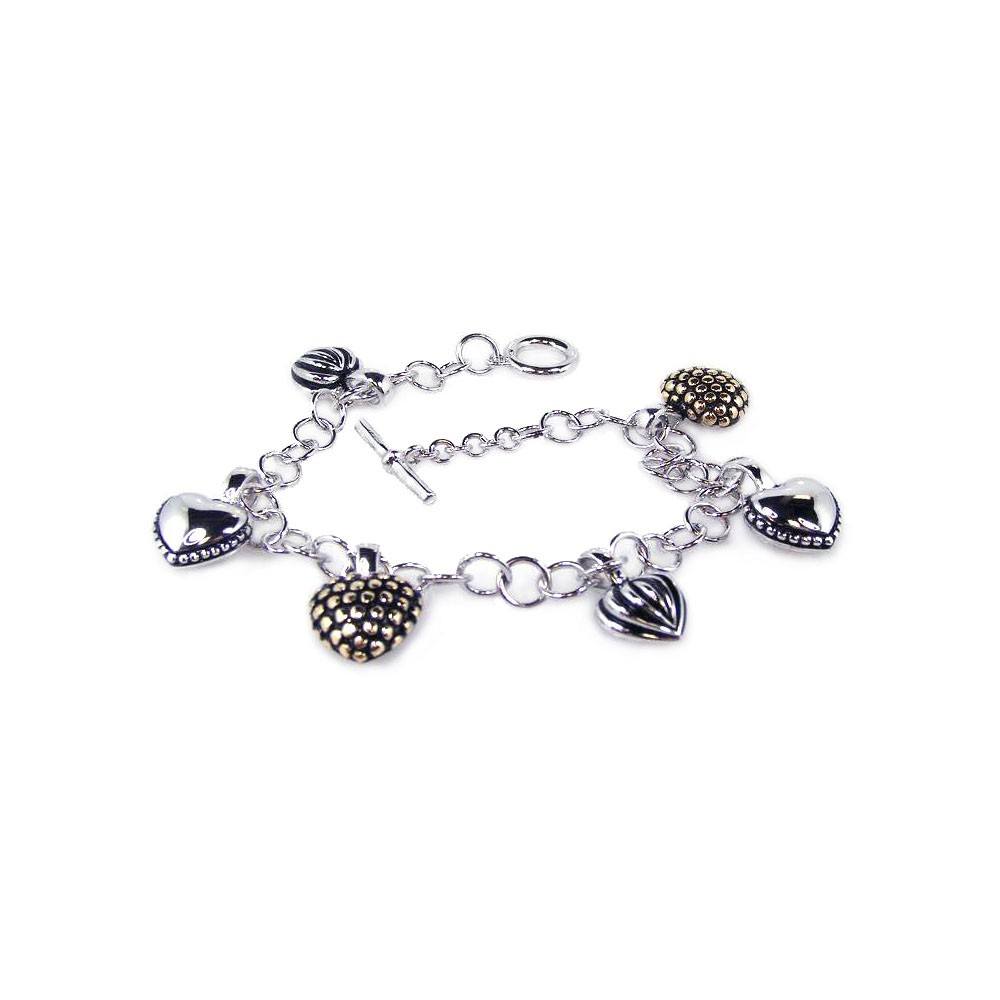 Sterling Silver Rhodium Plated Multiple Four Tone Heart CZ Bracelet