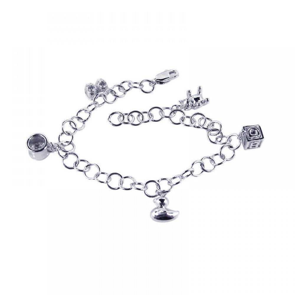 Sterling Silver Rhodium Plated Multiple Dangling Objects CZ Bracelet