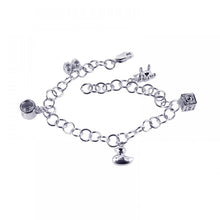 Load image into Gallery viewer, Sterling Silver Rhodium Plated Multiple Dangling Objects CZ Bracelet