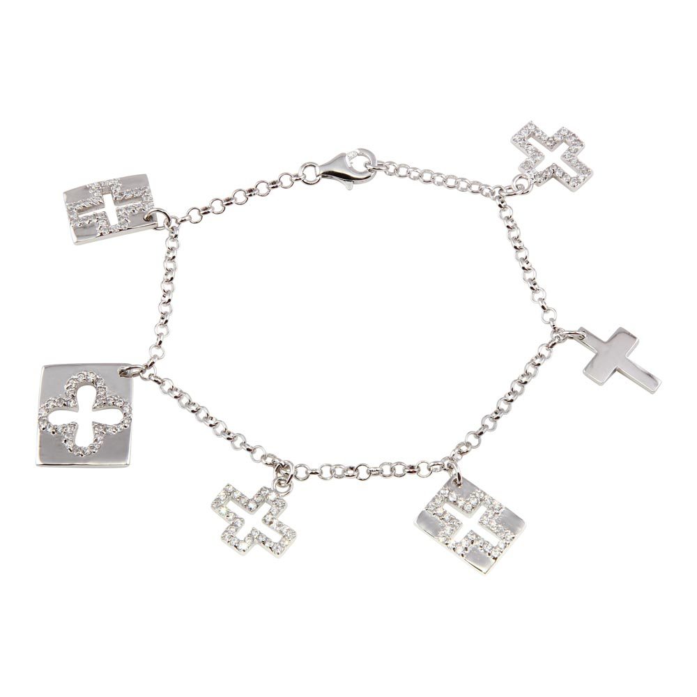 Sterling Silver Multi Cross Charm Bracelet with Clear Simulated Diamonds