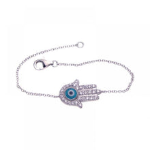 Load image into Gallery viewer, Sterling Silver Bracelet with Sideways Hamsa Hand with Paved Clear Simulated Diamond and Centered Evil Eye Charm