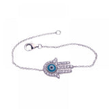 Sterling Silver Bracelet with Sideways Hamsa Hand with Paved Clear Simulated Diamond and Centered Evil Eye Charm