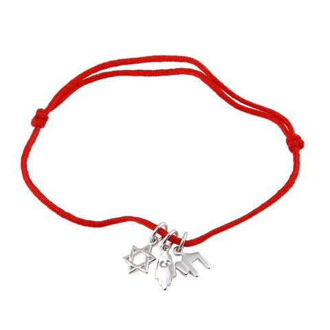 Red Cord Bracelet with Multi Sterling Silver  Charms (Hasma HandAnd Star of David and Chai)