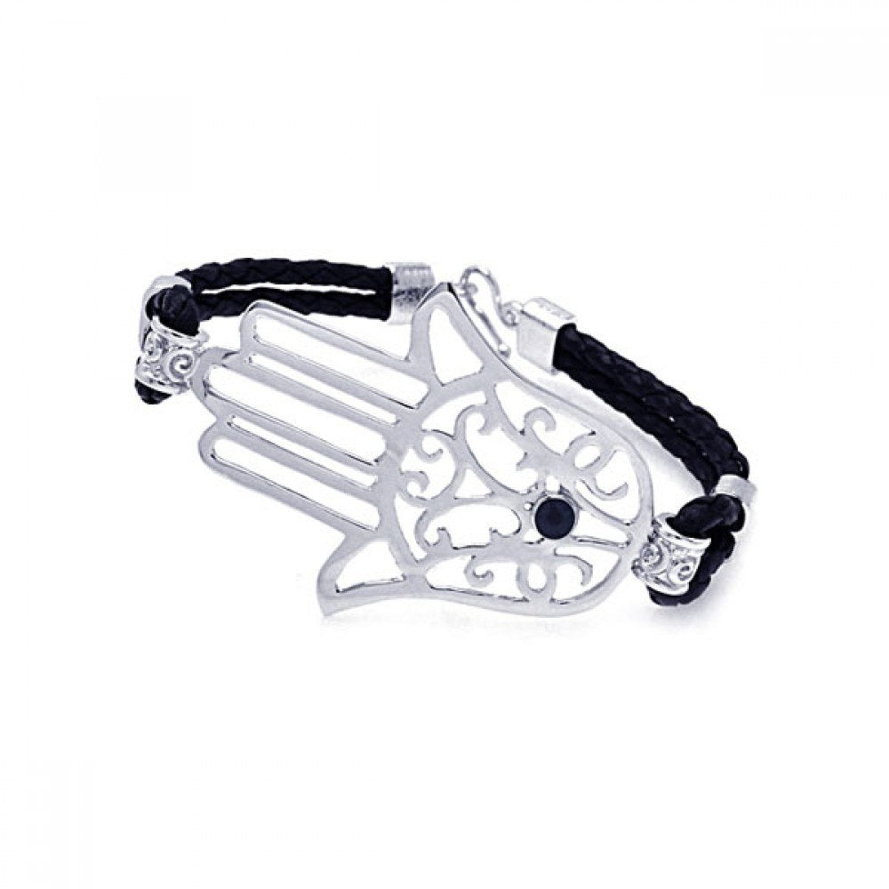 Black Braided Cord Bracelet with Sterling Silver Sideways Hamsa Hand with Black CZ