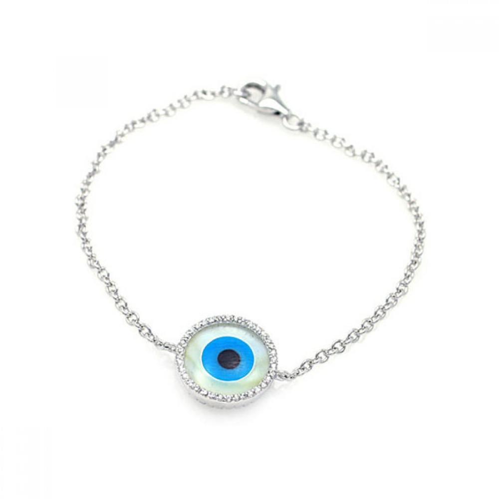 Sterling Silver Bracelet with Evil Eye Charm Paved with Clear Simulated Diamonds