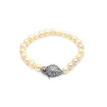 Load image into Gallery viewer, Sterling Silver Rhodium Plated Flower CZ Fresh Water Pearl Bracelet