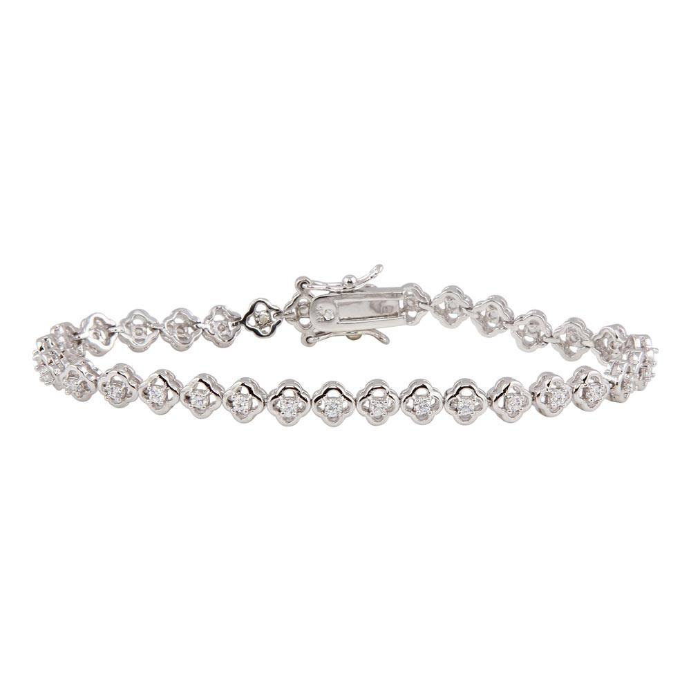 Sterling Silver Rhodium Plated Small Flowers CZ Bracelet