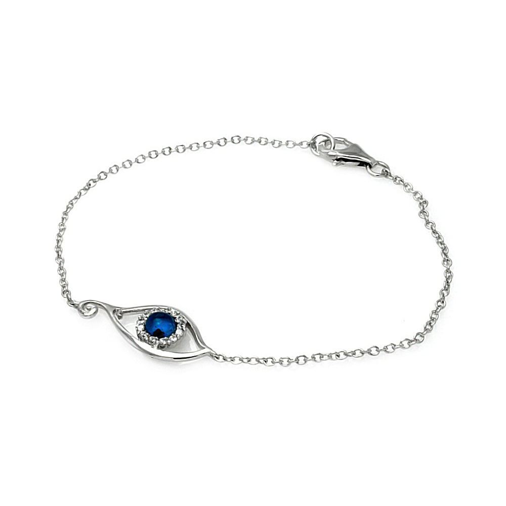 Sterling Silver Bracelet with Evil Eye Charm Paved with Clear Simulated Diamonds